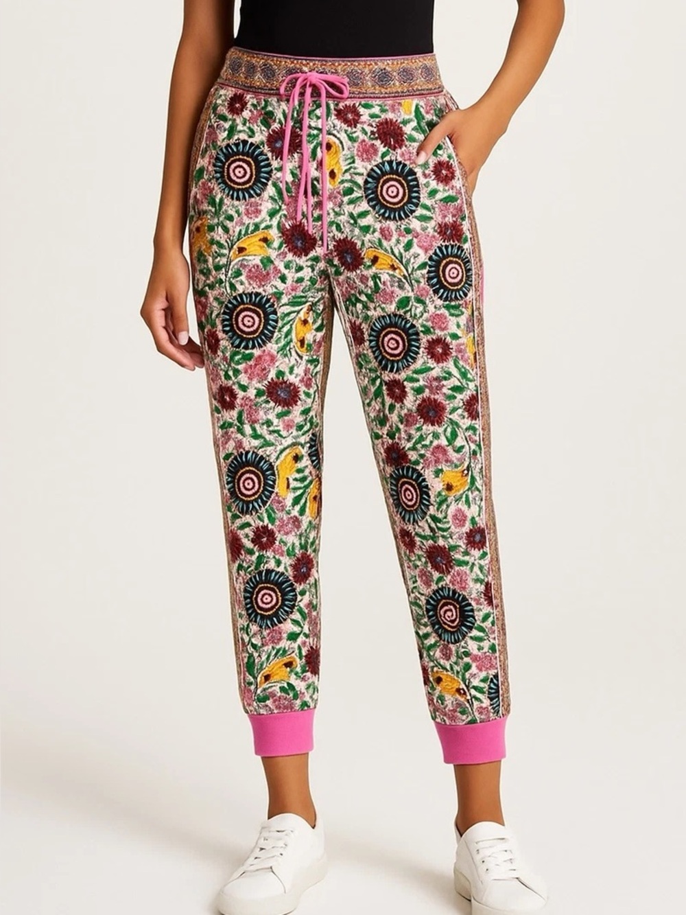 Alice + Olivia Floral Sunburst Track Joggers Pink Trim - Size Small